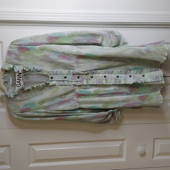 GANNI Dress, NWT, Pastels, Micro-Pleats, Ruffles, Size 14 - Picture 9 of 15